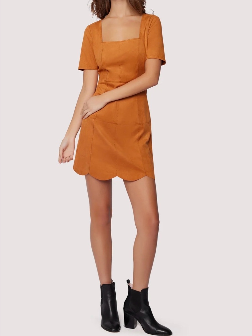 Lost + Wander Amore Square Neck Scallop Hem Mini Dress - Rust Orange